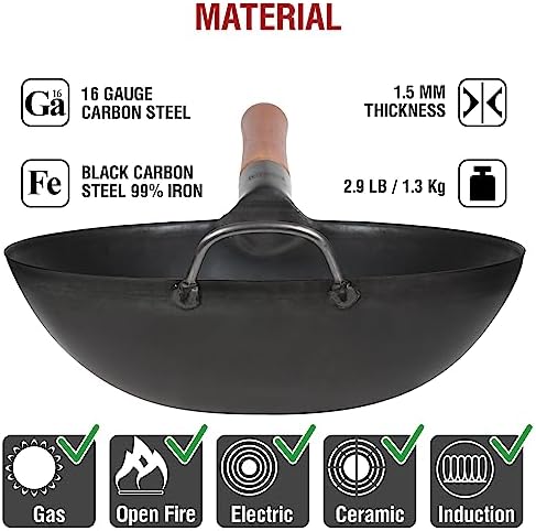 YOSUKATA Carbon Steel Wok Pan – 11,8 “ Woks and Stir Fry Pans + Wok Lid 11.4 In - Premium Stainless Wok Cover with Tempered Glass Insert Steam Holes and Ergonomic Handle