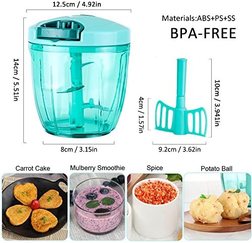 Ourokhome Manual Food Processor Vegetable Chopper, Portable Hand Pull String Garlic Mincer Onion Cutter for Veggies, Ginger, Fruits, Nuts, Herbs, etc., 900ml, Blue