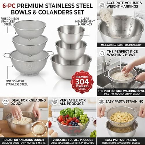 HAPPY KIT 18/8 Stainless Steel Bowl and Colander Set, 6-Piece, Nesting
