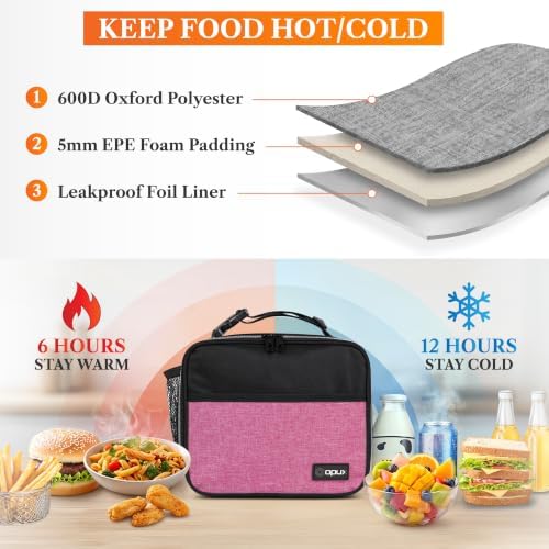 opux Insulated Lunch Bag for Kids, Reusable Lunch Box for School, Pink
