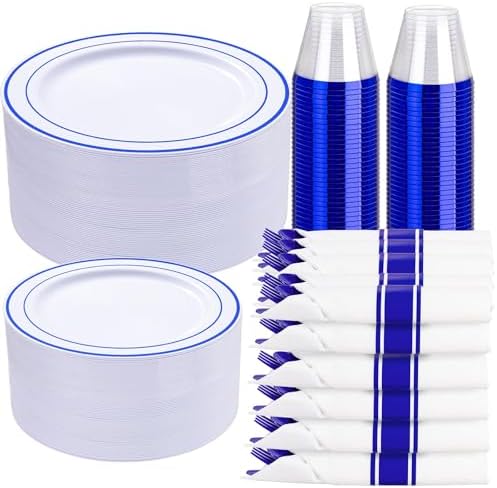 WELLIFE 350 Pieces Blue Plastic Plates - Disposable Silverware and Cups, Include: 50 Dinner Plates 10.25”, 50 Dessert Plates 7.5”, 50 Blue Cups 9 OZ, 50 Plastic Cutlery