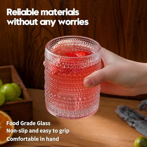 HomeVogue Hobnail Drinking Glasses Set of 6,12 oz Vintage Glassware Set Cocktail Glass Set, Embossed Clear Water Tumbler,for Beer, Whiskey,Juice and Various Mixed Drinks (12oz Clear)