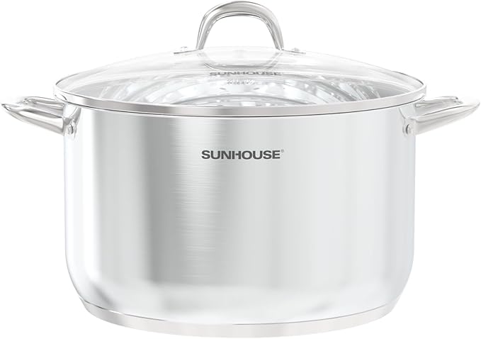 SUNHOUSE Stainless Steel Stock Pot - 16 Quart Heavy-Duty Induction Cooking Pot with Visible Lid for Pasta, Soup, Spaghetti - Nonstick Thick-Bottom Deep Stockpot for Canning, Boiling, and Simmering