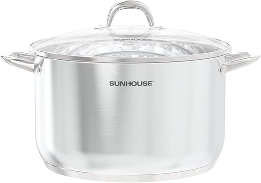 SUNHOUSE Stainless Steel Stock Pot - 16 Quart Heavy-Duty Induction Cooking Pot with Visible Lid for Pasta, Soup, Spaghetti - Nonstick Thick-Bottom Deep Stockpot for Canning, Boiling, and Simmering