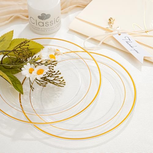 bUCLA 100 Pieces Clear Gold Plastic Plates Disposable - 6.25 Inch Clear Plastic Dessert Plates with Gold Trim for Party, Wedding & Thanksgiving