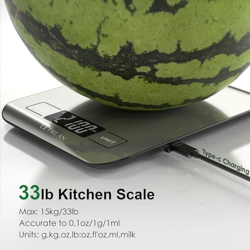 Ultrean Smart Food Kitchen Scale with Nutritional Calculator, App for Macro & Calorie Tracking, AI Scan, Digital Grams and Ounces for Weight Loss, Rechargeable, Stainless Steel, 33lb /15kg