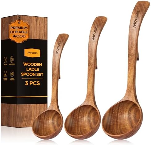 Wooden Ladle for Soup, 3 Size Teak Wood Ladle Spoon with Back Hooks, Heat Resistant Wooden Spoons for Cooking, Non-Stick, Comfortable Grip, Wood Kitchen Utensils Set for Serving, Stirring