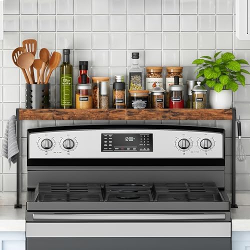 Spice Rack Shelf for 30-inch Kitchen Stove, Over the Stove Shelf with 4 Level Adjustable Height, Over Stove Spice Rack with 4 hooks, Rustic Brown + Black