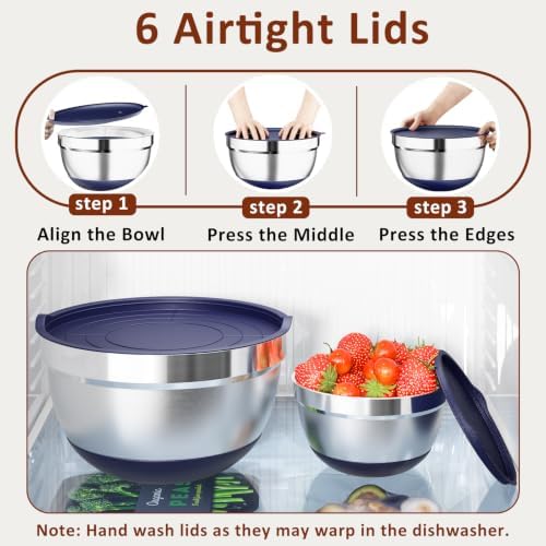 9 Pack Mixing Bowls with Airtight Lids & Grater Attachments, Navy