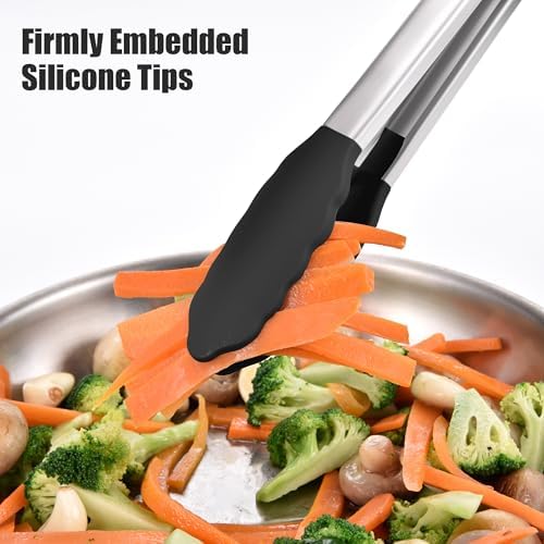 Doosu Kitchen Tongs with Silicone Tips for Cooking Serving (16in, Black)