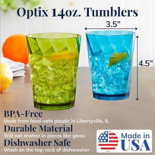 US Acrylic Optix Plastic Reusable Drinking Glasses (Set of 8) 14oz Rocks Cups in Jewel Tone Colors | BPA-Free Tumblers, Made in USA | Top-Rack Dishwasher Safe (Pack of 2)