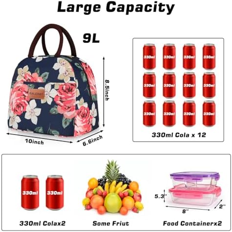 BALORAY Lunch Bag for Women Men Adult Lunch Box (Blue With Big Flower), M