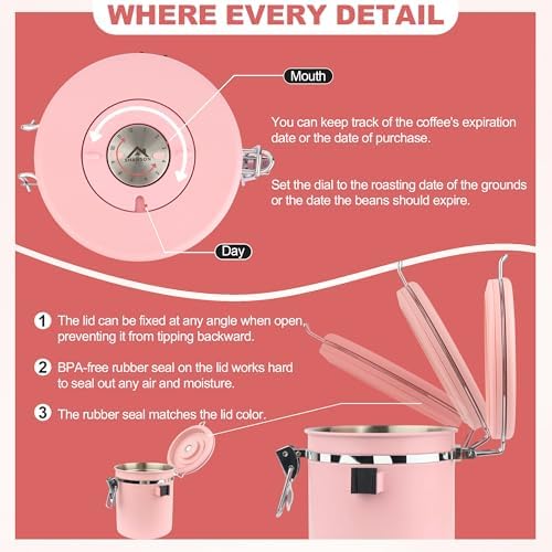 ShanSon Coffee Canister Airtight, Stainless Steel Bean Storage Container with Date Tracker & Scoop, Grounds Sugar Flour Tea Cereal Fits Kitchen Pantry, Ideal Gift for Coffee Lovers,16oz, Pink