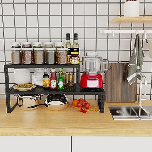 Jojocross Expandable Adjustable Stackable Kitchen Organizer, Spice Rack,Metal Pantry Storage Shelves Racks,Counter Shelf for Cabinets, Countertop, Cupboard(1 Pack/Large/Black)