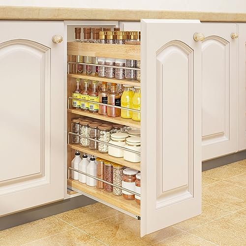DINDON Pull Out Spice Rack Organizer for Cabinet, (5" W x 21.9" D x 25.2" H) Multi-Use Wood Pull Out Cabinet Organizer Slide Out Shelf Cabinet Storage for Kitchen, Pantry Organization