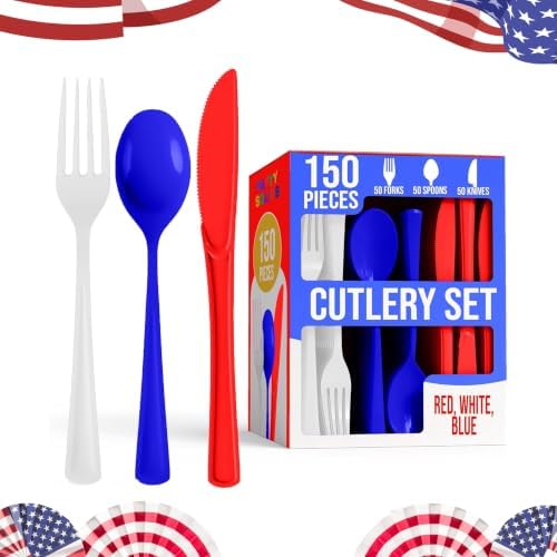 Party Solids Patriotic Plastic Silverware 150 Pcs Patriotic Cutlery Set