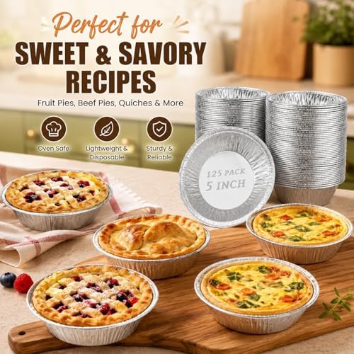 RHBLME 125 PACK Mini Pie Tins, 5 Inch Aluminum Foil Pie Pans Heavy Duty Small Pie Tins, Pot Pie Pans For Bakeries, Cafes, Restaurants, Durable Mini Tart Pans for Pie, Fruit Tarts, Quiche