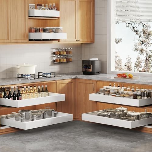 Seinloes 2 Pack Pull Out Cabinet Organizer for Wide Cabinets,Expandable 15.1"-26.3" Width,21" Deep Slide Out Drawers With Raising Pad for Framed Cabinets,3 Slide Rails,No Drill Roll Out Shelves,White
