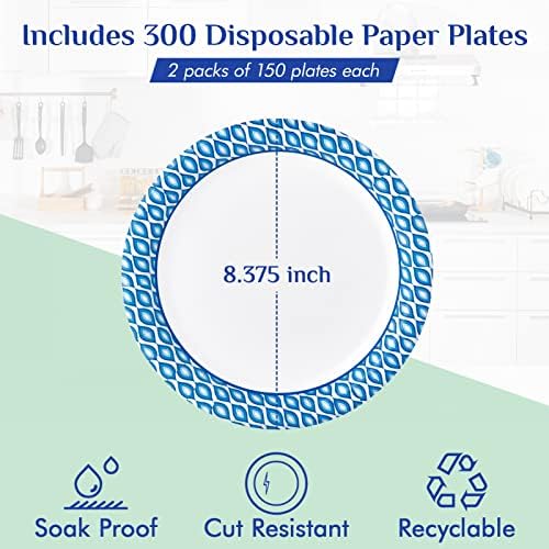 MUCHII 8.375 Inch Paper Plates, 300 Count Disposable Plates Bulk Pack