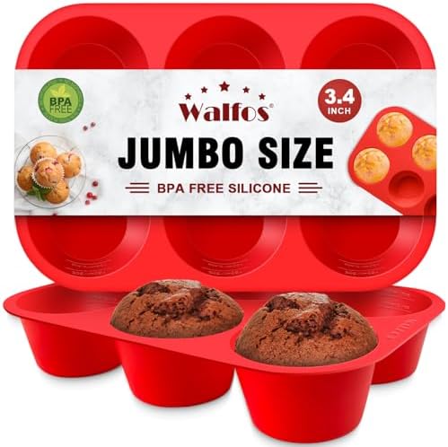 Walfos Silicone Texas Muffin Pan Set- 6 Cup Jumbo Silicone Cupcake Pan, Non-Stick, Just Release! Perfect for Egg Muffin, Big Cupcake - BPA Free and Dishwasher Safe, Set of 2