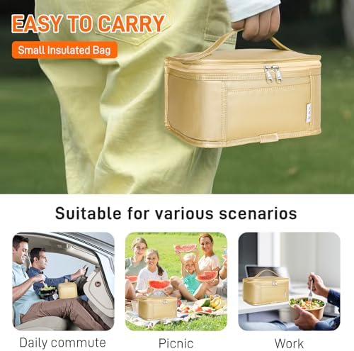NOL Small Lunch Bag Mini Lunch Box Insulated Lunch Bag for Men/Women Leakproof Cooler Tote Bag Lightweight Nylon Waterproof Lunch Box For Work,Gold