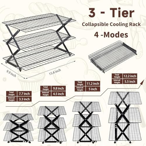 Pleafind 3 Tier Collapsible Cooling Rack - 4 Setting Design, Adjustable ＆ Stackable Baking Rack with X-Shaped Design and Leak-Proof Mesh Surface, Cooling Racks for Cooking and Baking, Dishwasher Safe