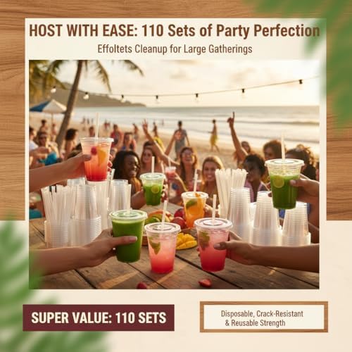 110 Pack 12 oz Disposable Clear Plastic Cups with Lids and Straws