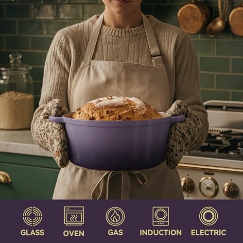 Vintage Style 6 Quart Dutch Oven Pot with Lid, Non Stick Enameled Cast Iron Dutch Oven for Bread Baking, Heavy-Duty, Oven Safe Ceramic Cookware Up to 500°F for Baking, Braising, Stews, Roasting, Purple