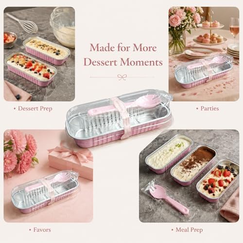50 Pack Pink 6.8oz Mini Cake Pans with Lids, Spoons & Stickers