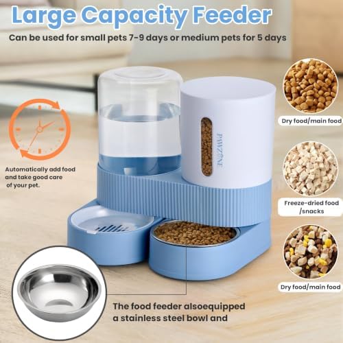Automatic Cat Feeder Stainless Steel Water Dispenser Gravity Food Feeder and Waterer Set with Pet Food Bowl for Small Medium Kitten Puppy Pets Large Capacity(Blue)