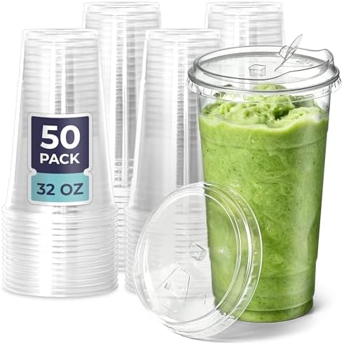 Fit Meal Prep 50 Pack 32 oz Clear Plastic Cups with Strawless Sip Lids, Disposable Plastic Coffee Cups with Lids, To Go Cups for Iced Coffee, Smoothies, Soda, Party Drinks, Bubble Tea, Cold Beverage