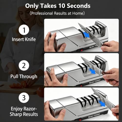 Knife Sharpener Electric, Professional 3-Stage 100% Diamond Sharpening System with 15° Precision Angle, Fast Blade Restoration, Polishing, Repair & Edge Refining & Outdoor Knives