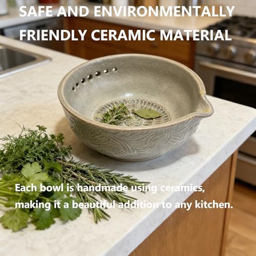 Handmade Pottery Garlic Grater Herb Stripper Bowl, 2-in-1 Ceramic Herb Stripper and Garlic Grater Bowl, Different Sizes of Round Holes, Kitchenware for Root Removal
