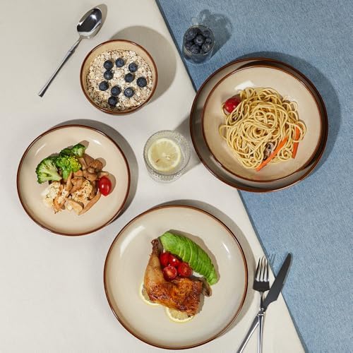 Pokini Stoneware Dinnerware Sets for 6, 24pcs Plates and Bowls Sets Dishes