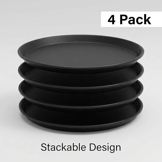 QWORK 14-Inch Round Non-Slip Serving Tray Set – 4Pack Rubber Surface Drink & Meal Carrier for Home, Café & Catering
