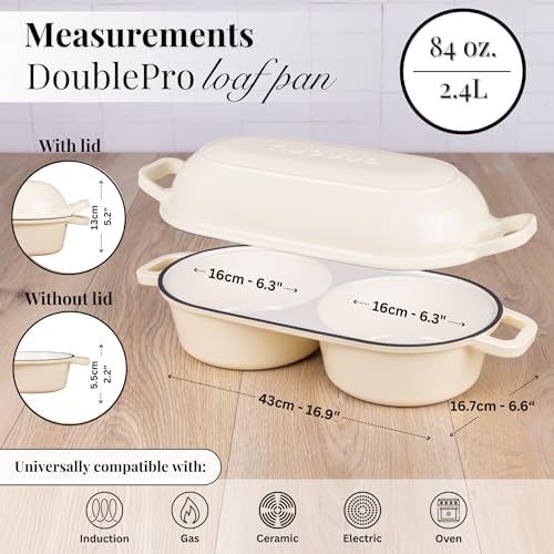 Dutch Oven For Sourdough Bread Baking – Enamelled Cast Iron Bread Loaf Pot – 500°F Oven Safe Non Stick Bread Pot – Double Round Loaf Space, 16.5cm Diameter, Cream, – by Nuovva