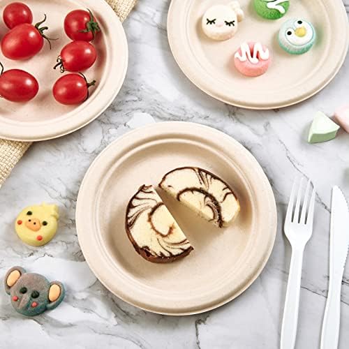 Vplus 350 Pack Compostable Bagasse Paper Plates 6.9 inch, Nature