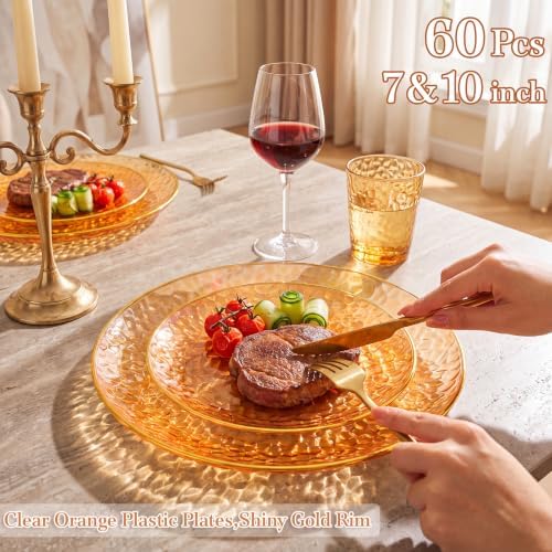 Rubtlamp 60Pcs Orange Plastic Plates, Orange Disposable Plates With Gold Rim, Hammered Plastic Plates Include 30 Dessert Platos, 30 Dinner Platos for Party