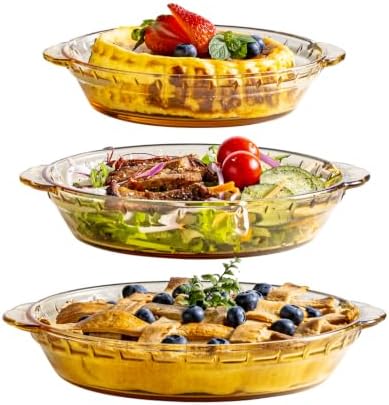 Glass Pie Pan for Baking, Round Glass Baking Dish (Amber 3PCS)