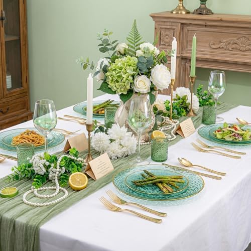 Rubtlamp 60 Green Plastic Plates, Hammered Clear and Gold Disposable Plates, Grenn Disposable Plates Include 30 Dessert Platos, 30 Dinner Platos for Party