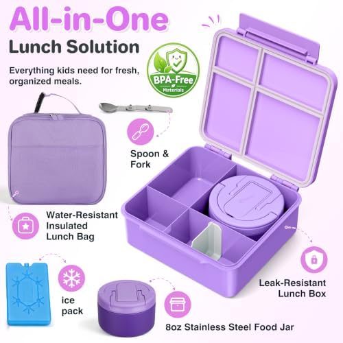 Bento Lunch Box with 8oz Soup Thermo,Kids Leakproof 4 Compartment Lunch Food Containers with Sauce Cup and Ice Pack,Kids Thermo Insulated Hot Food Jar and Lunch Bag for School,Trvael-Purple