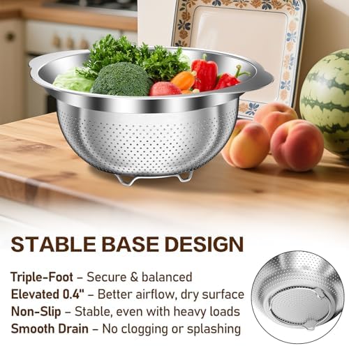 Large Strainers and Colanders, Big Stainless Steel Colanders for Kitchen, Stainless Steel Strainer Set of 3 (7 QT, 6 QT, 5 QT) for Draing Pasta Spaghetti Fruit Vegetable