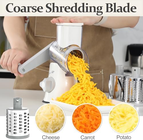 Cambom Rotary Cheese Grater Hand Crank Cheese Shredder for Fresh Cheese, Vegetable, Nuts,Non-slip Suction Base, Five Blades, White