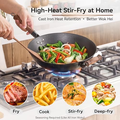 WANGYUANJI Cast Iron Wok Pan with Lid, 14.2 Inch Large Flat Bottom Uncoated Stir Fry Skillet, Heavy Duty Chinese Iron Pot for 4-6 People, Detachable Walnut Handle, Induction & Gas Safe