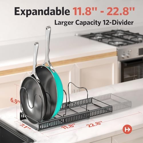 ORDORA Pots and Pans Organizer under Cabinet, 11.8-22.8" 14 Dividers Black