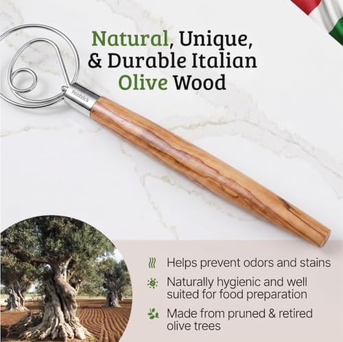 Danish Dough Whisk with Italian Olive Wood Handle, Stainless Steel Triple-Loop Coil, Ergonomic Baking Tool for Thick Dough and Batter