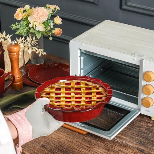 vicrays Ceramic Pie Pan for Baking - 9 inch Pie Plate, Round, Fluted and Deep Pie Dish for Tart, Pizza, Apple Pie, Quiche, Pot Pies, Cake - Reactive Glaze (Cherry Red)