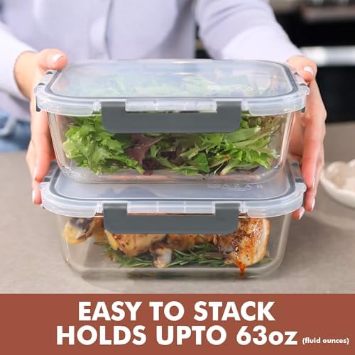 Razab 2 Pcs 1860ml / 63 Oz Large Glass Food Storage Containers with Lids - Glass Meal Prep Containers with Locking Lids for Roasting, Storing Leftover, Lunch Container, BPA Free, Microwave & Oven Safe