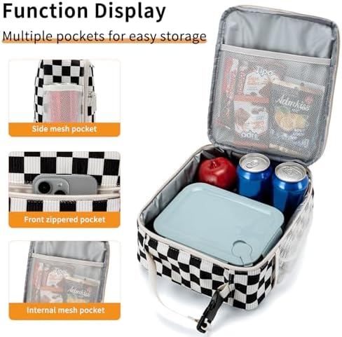 Lunch Box for Women Men Adult Insulated Lunch Bag Women Men Small Reusable Lunchbox for Work Picnic Travel (Black-White Plaid)