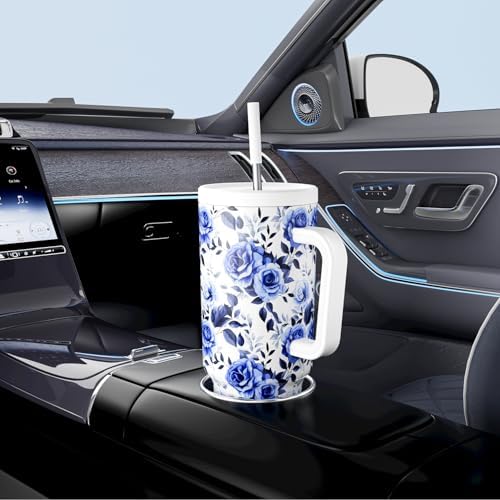 Meoky 40 oz Tumbler with Handle and Straw: Stainless Steel Insulated Tumbler with Lid and Straw - 100% Leak Proof Tumbler for Car Cup Holders - Travelers Commuters Workers, Blue Rose